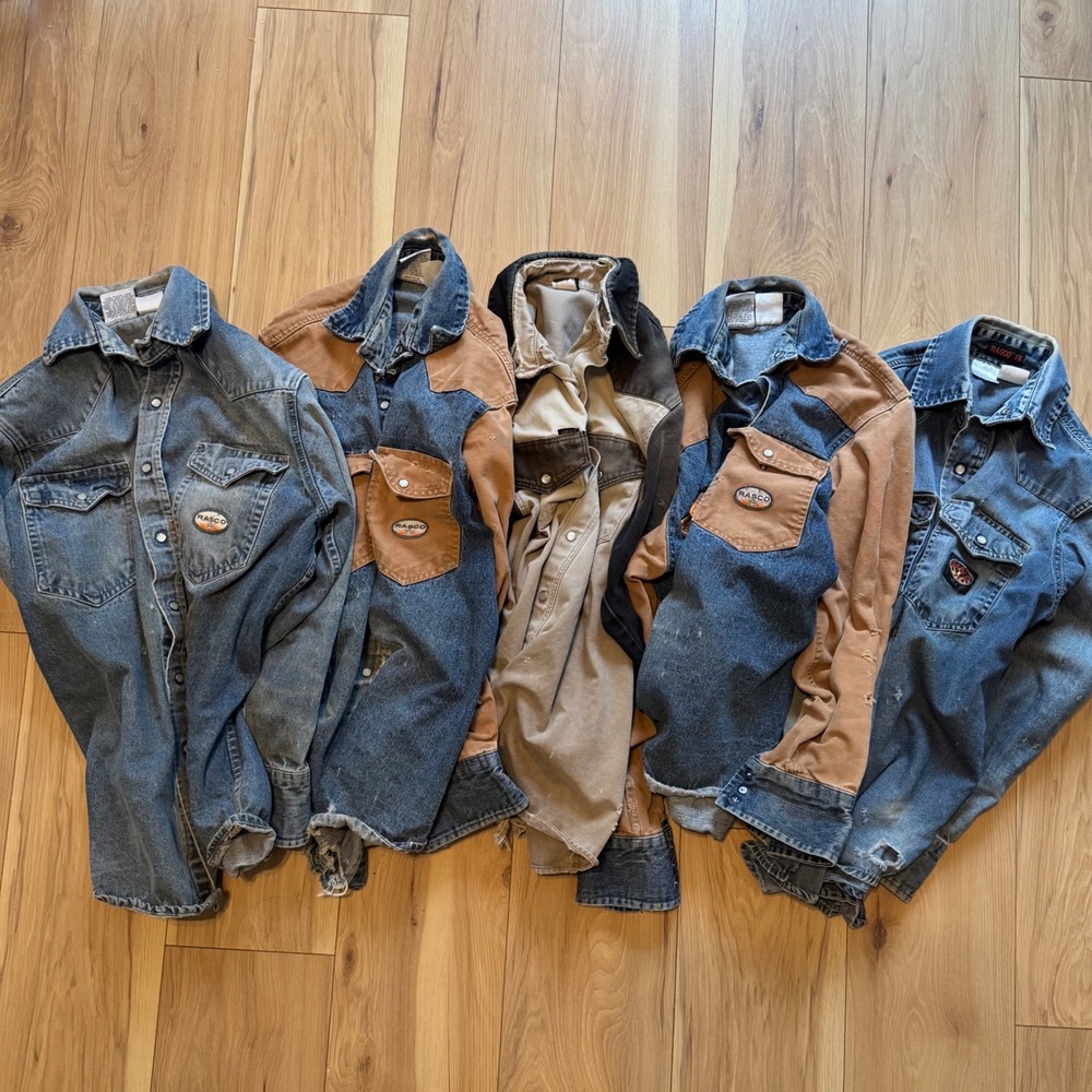 Lot of 5 Rasco FR Mens Flame Resistant Denim Shirts Western Distressed Thrashed